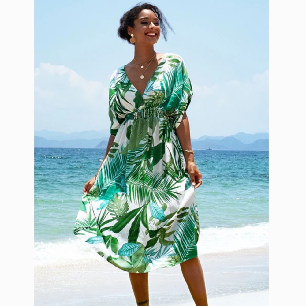 New! Cupshe Whitley Tropical V Neck Dress Large